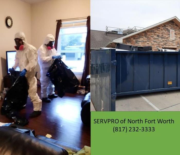 image containing workers wearing PPE, and a dumpster