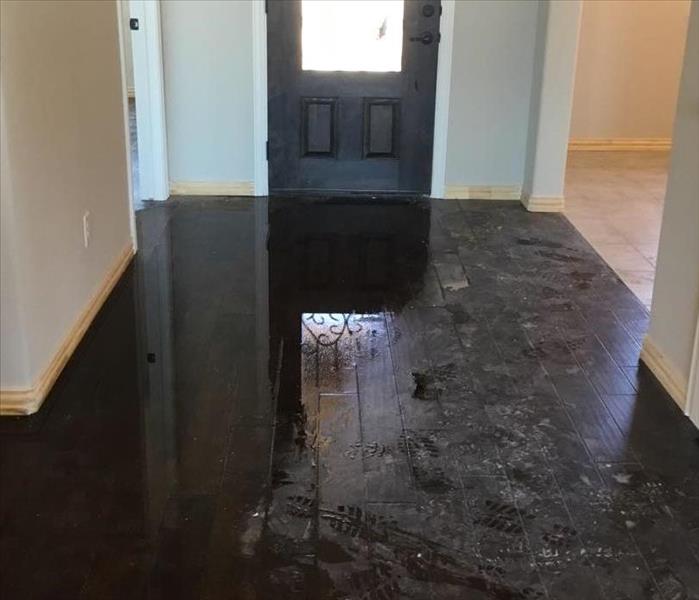 Front door, entry, interior room with water on the floor.